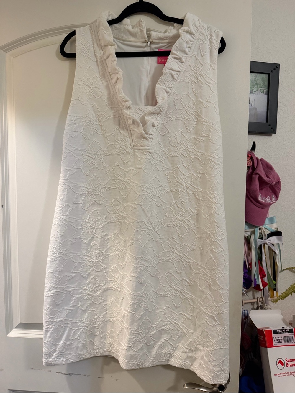Sleeveless White Textured Ruffle V-Neck Dress